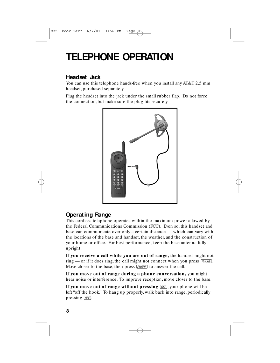 AT&T 9353 user manual Headset Jack, Operating Range, Telephone Operation 
