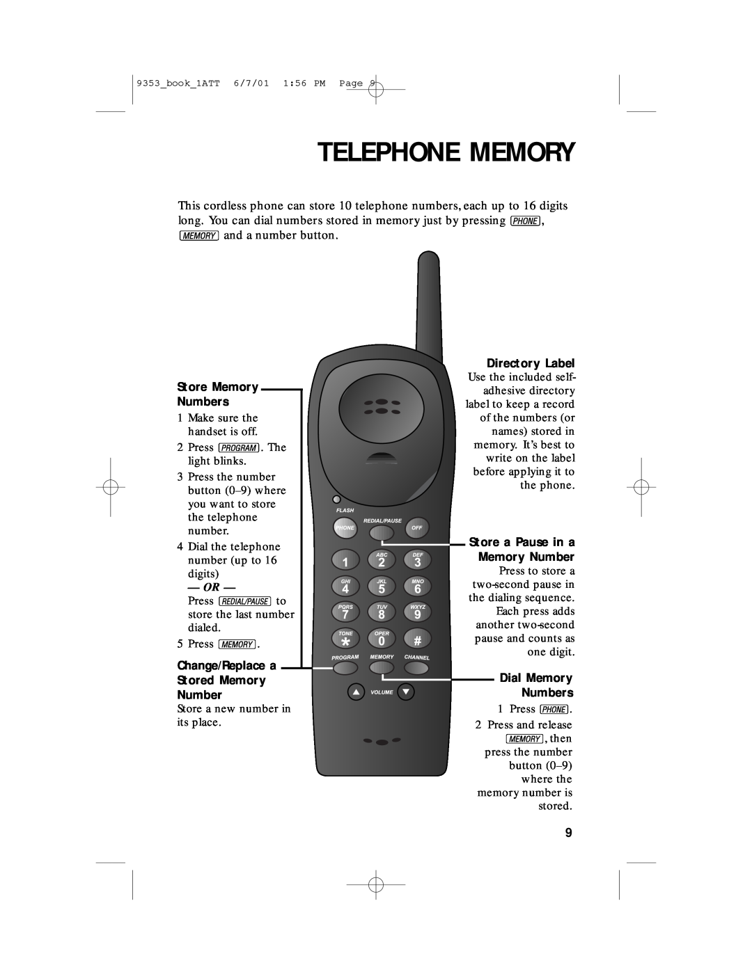 AT&T 9353 Telephone Memory, Store Memory Numbers, Stored Memory Number, Directory Label, Store a Pause in a Memory Number 