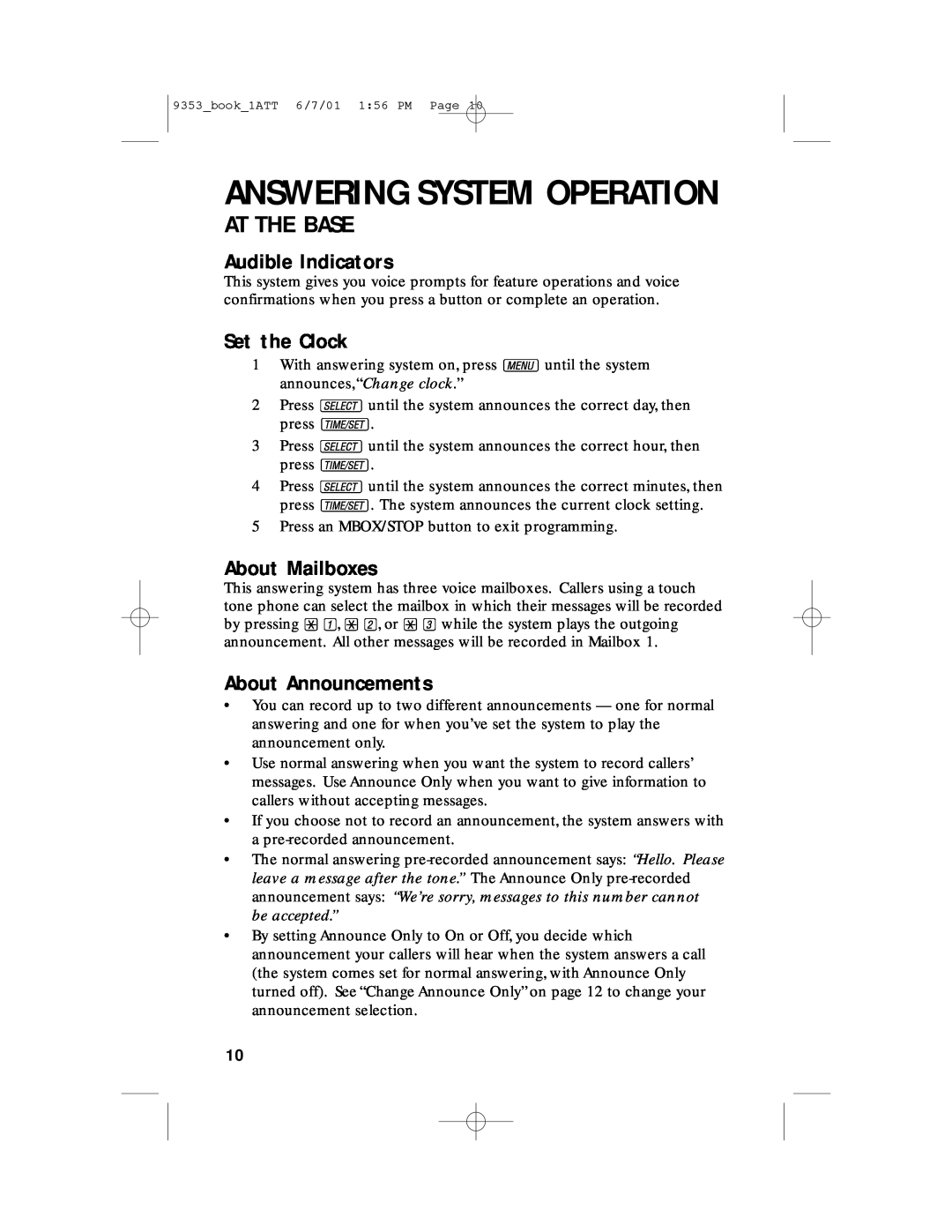 AT&T 9353 Answering System Operation, At The Base, Audible Indicators, Set the Clock, About Mailboxes, About Announcements 