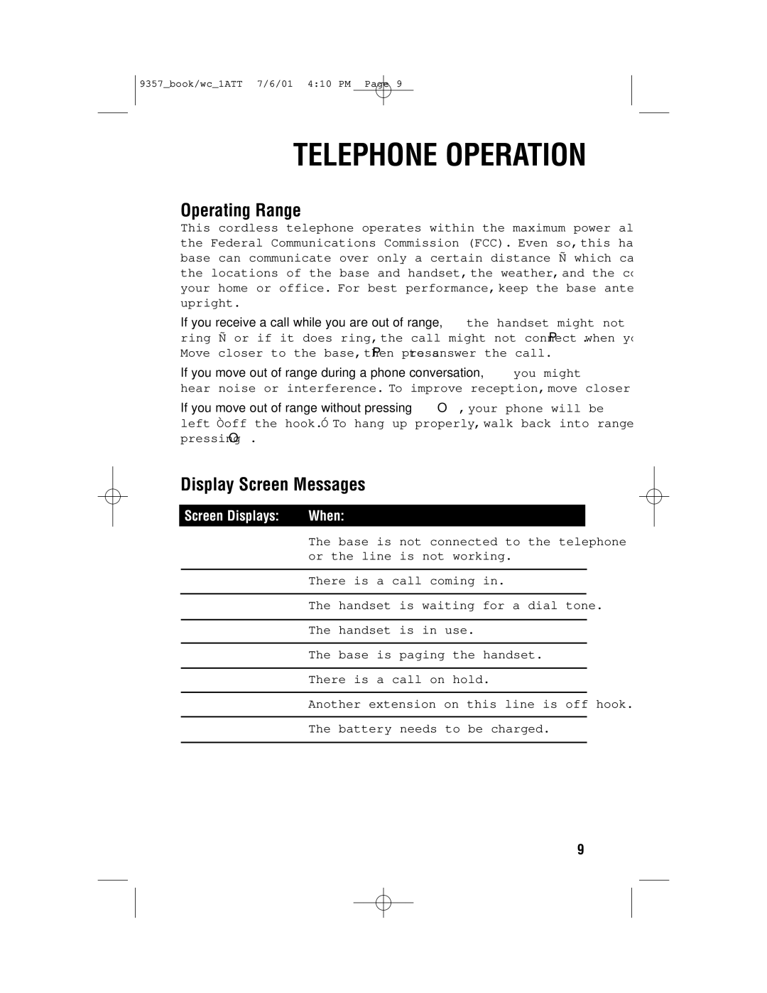 AT&T 9357 user manual Operating Range, Display Screen Messages 