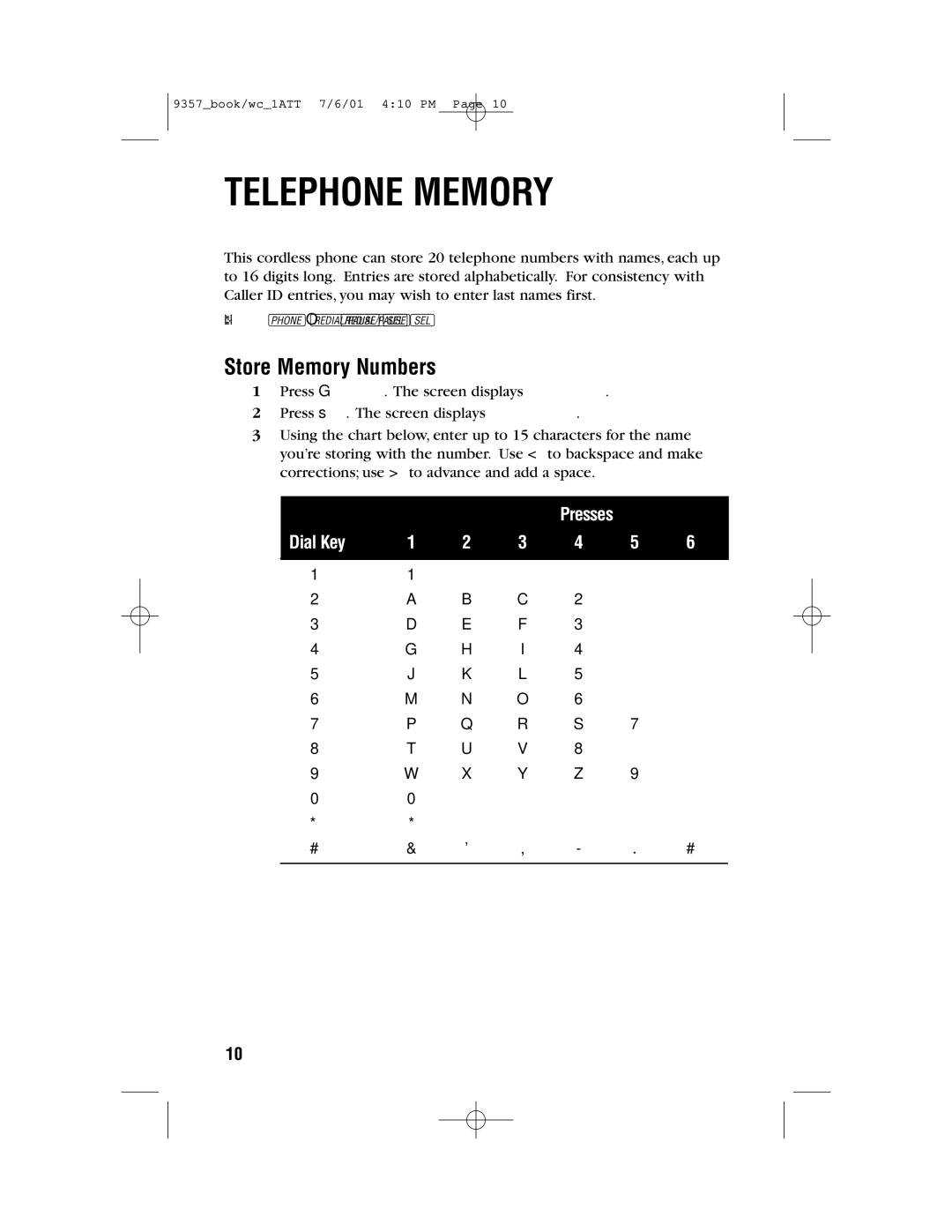 AT&T 9357 user manual Telephone Memory, Store Memory Numbers 