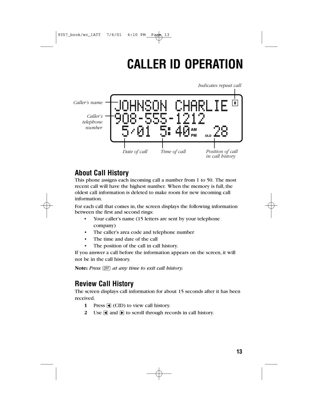 AT&T 9357 user manual Caller ID Operation, About Call History, Review Call History 