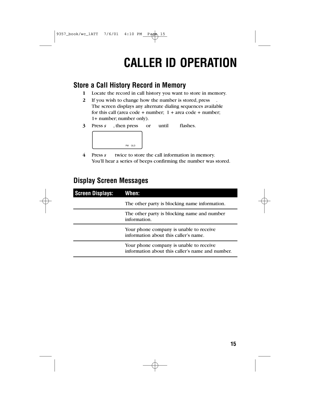 AT&T 9357 user manual Store a Call History Record in Memory, Unknown Caller 