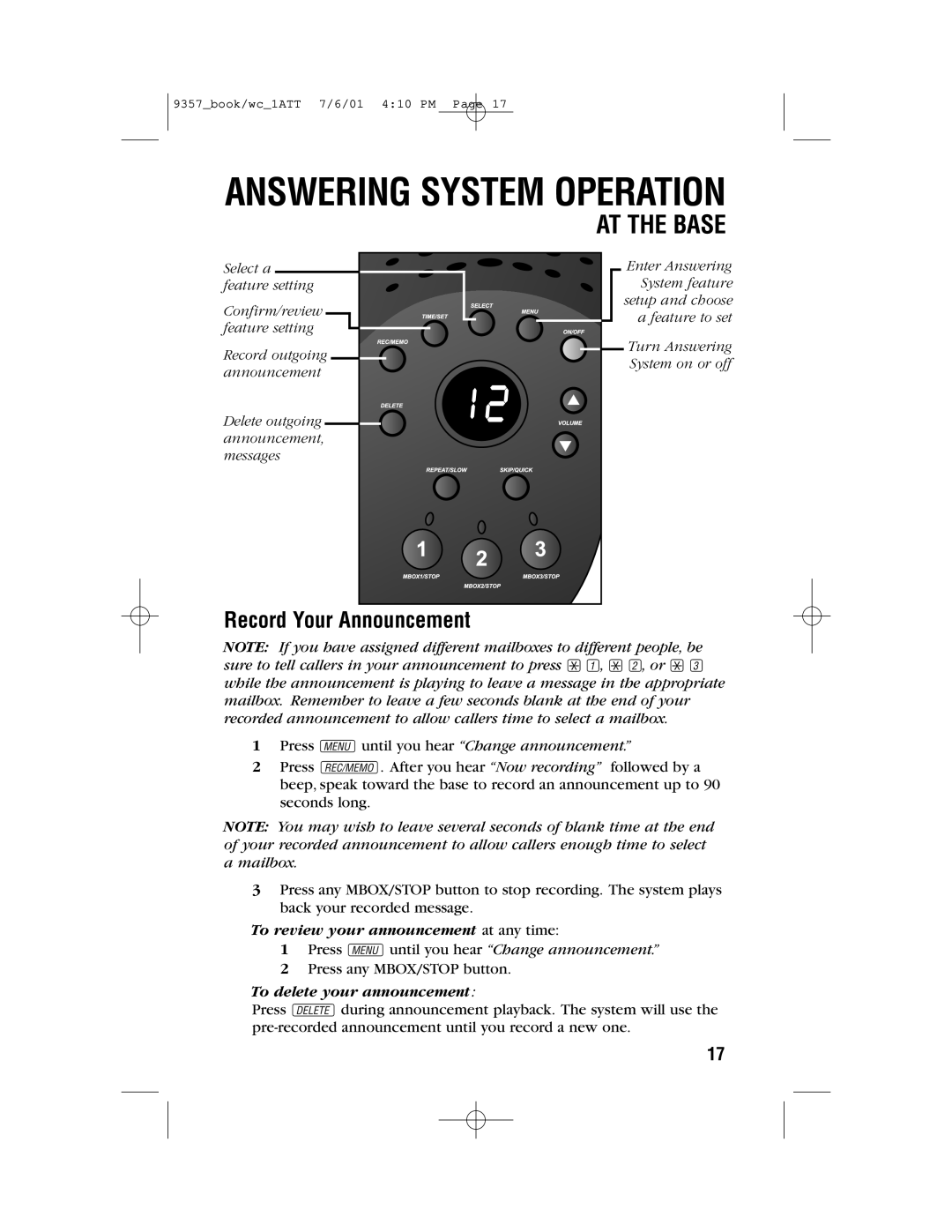 AT&T 9357 user manual Answering System Operation, Record Your Announcement 