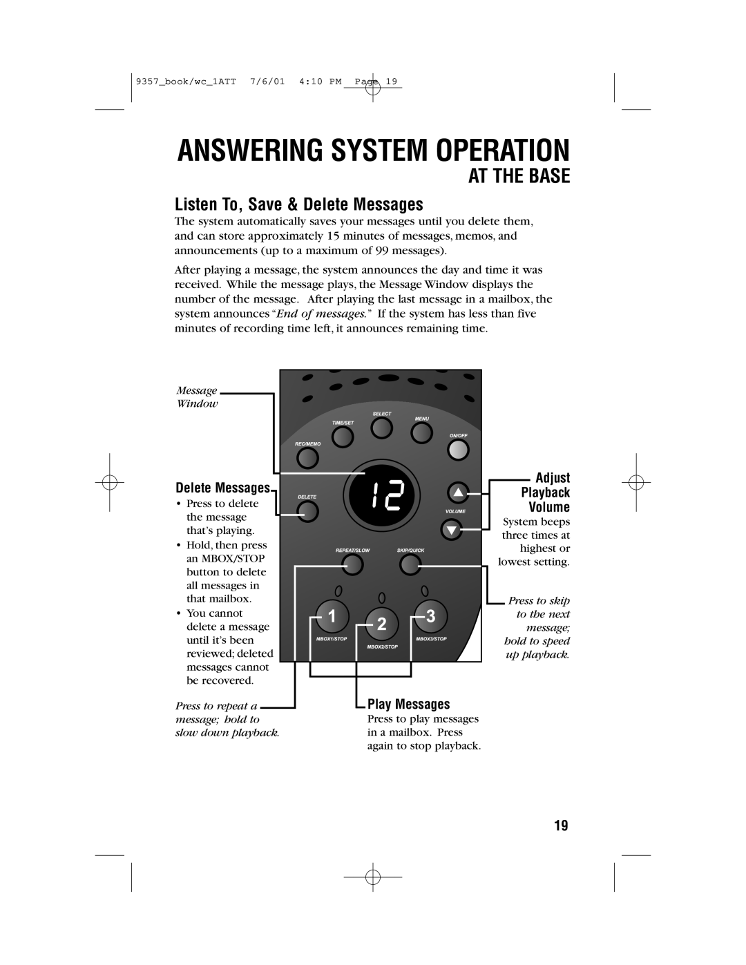 AT&T 9357 user manual Listen To, Save & Delete Messages, Volume 