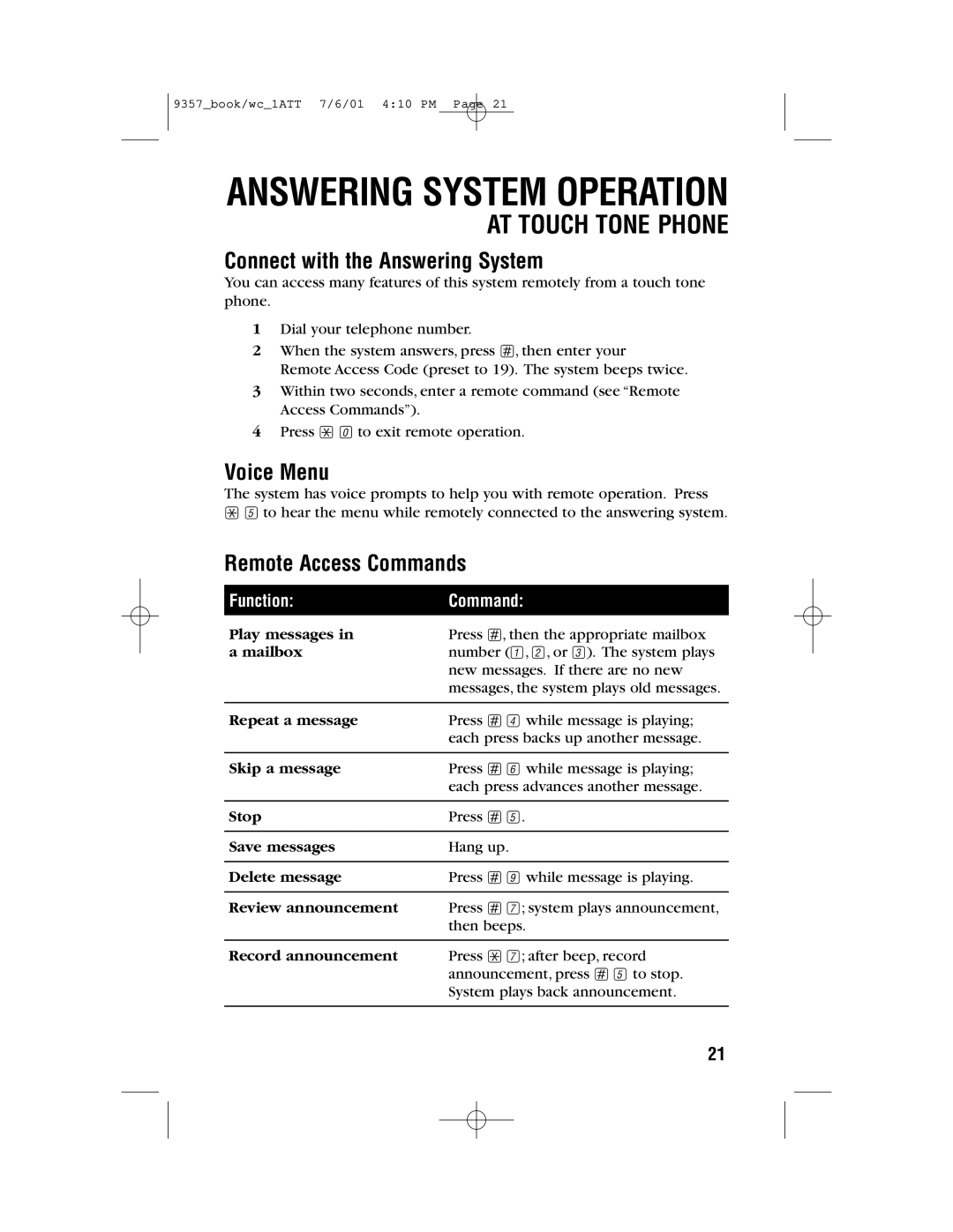 AT&T 9357 user manual Connect with the Answering System, Voice Menu, Remote Access Commands 