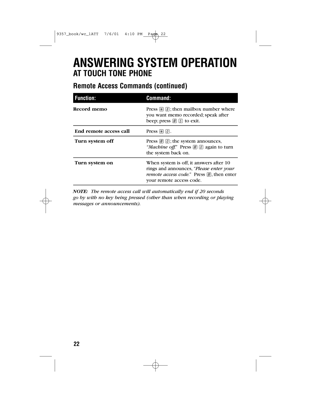 AT&T 9357 user manual Record memo, End remote access call, Turn system off, Turn system on 