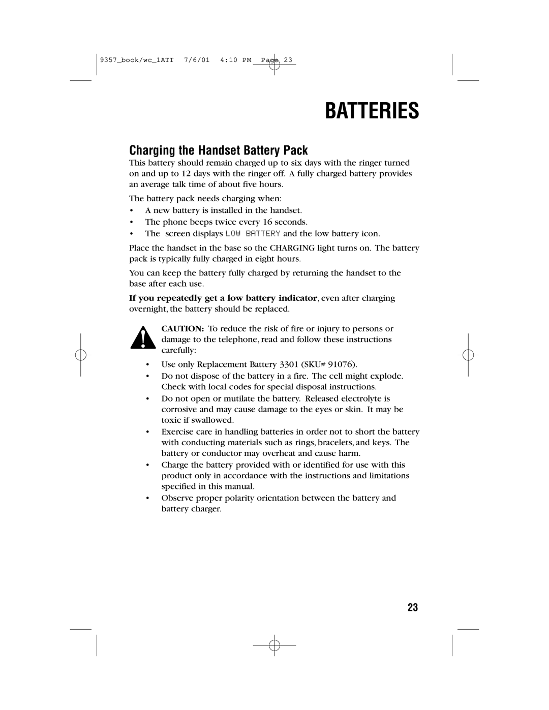 AT&T 9357 user manual Batteries, Charging the Handset Battery Pack 