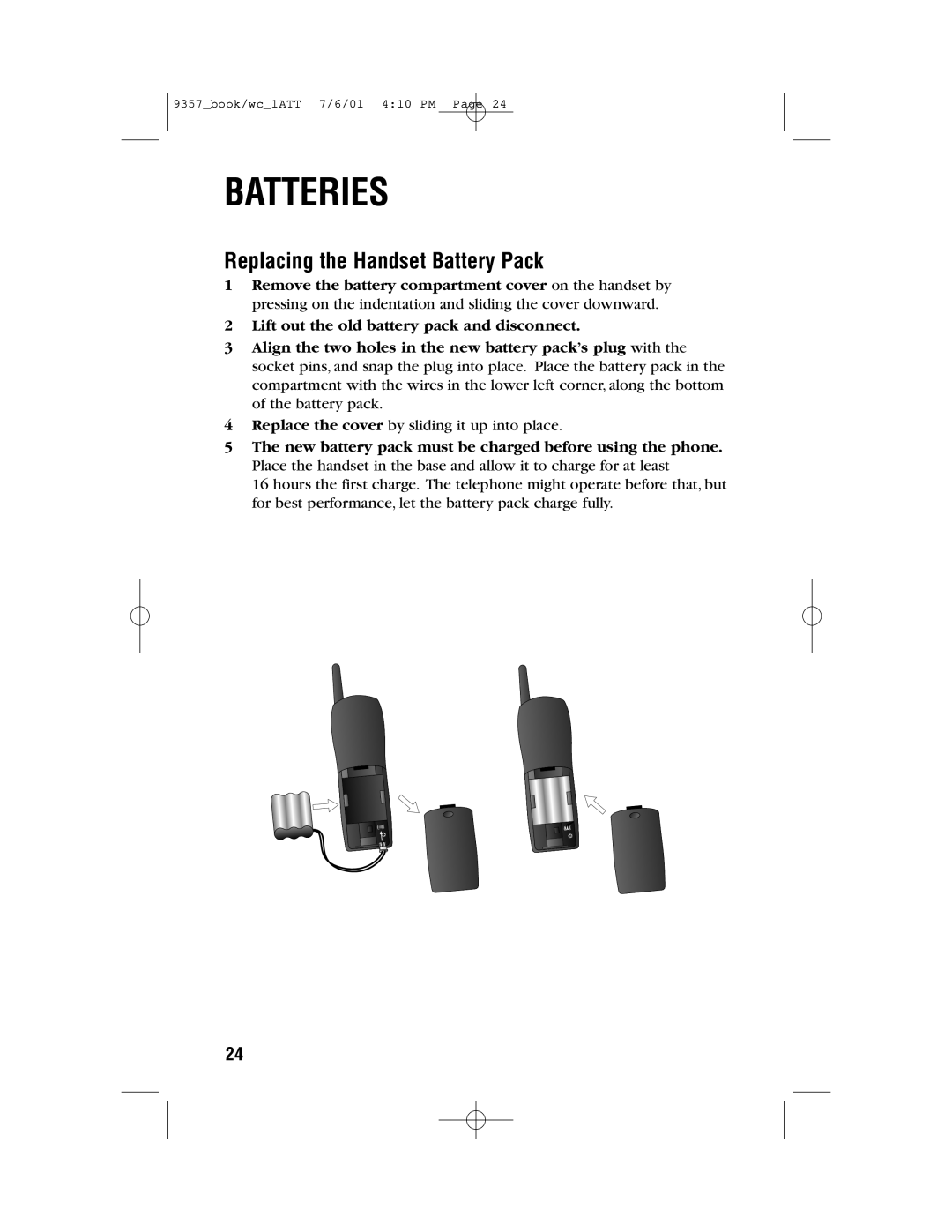 AT&T 9357 user manual Replacing the Handset Battery Pack 