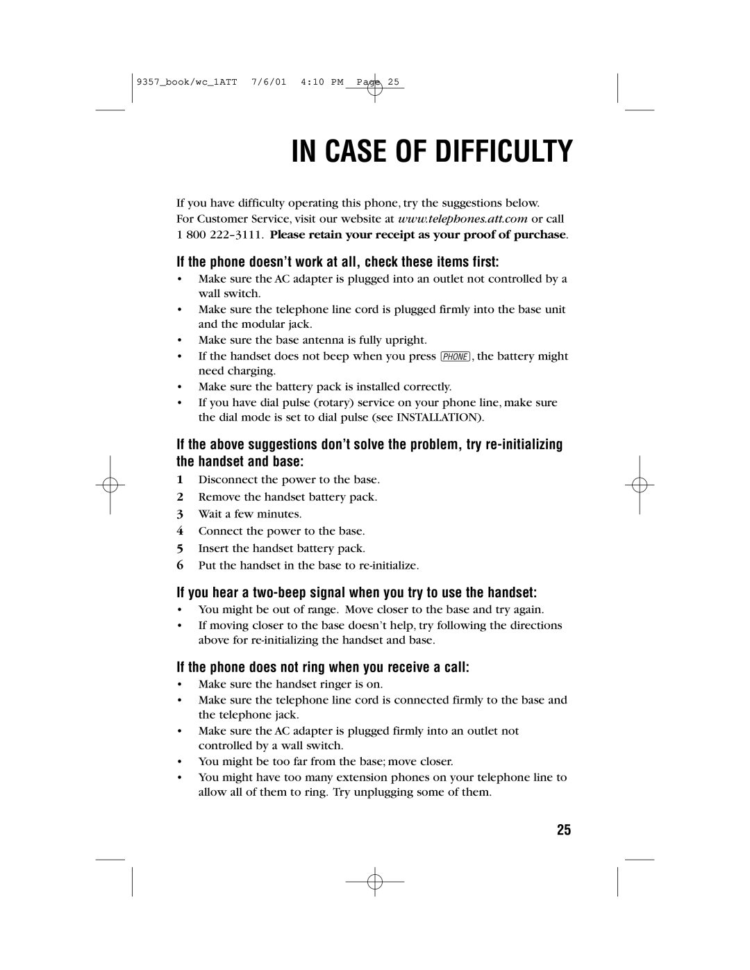 AT&T 9357 user manual Case of Difficulty, If the phone doesn’t work at all, check these items first 