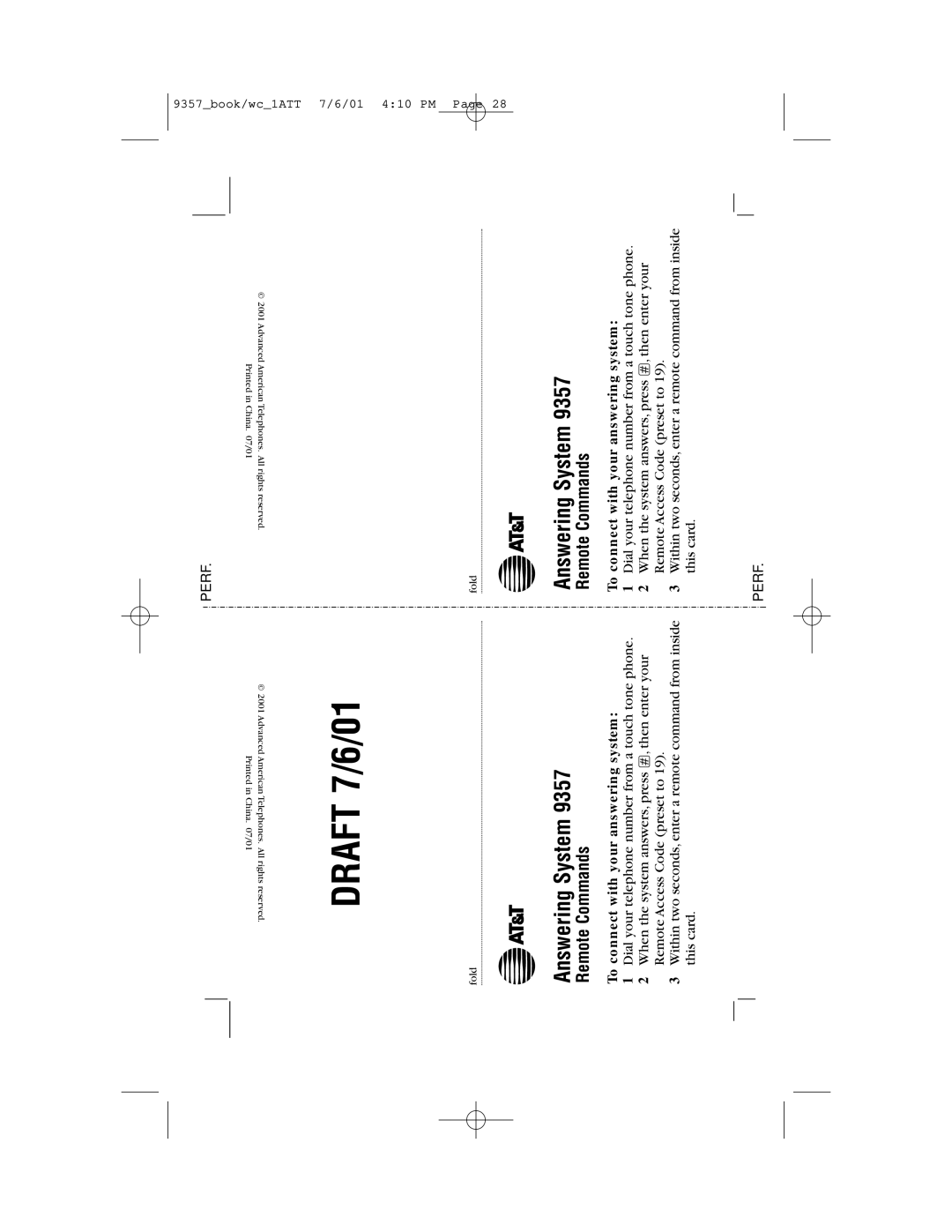 AT&T 9357 user manual Answering System, Remote Commands 