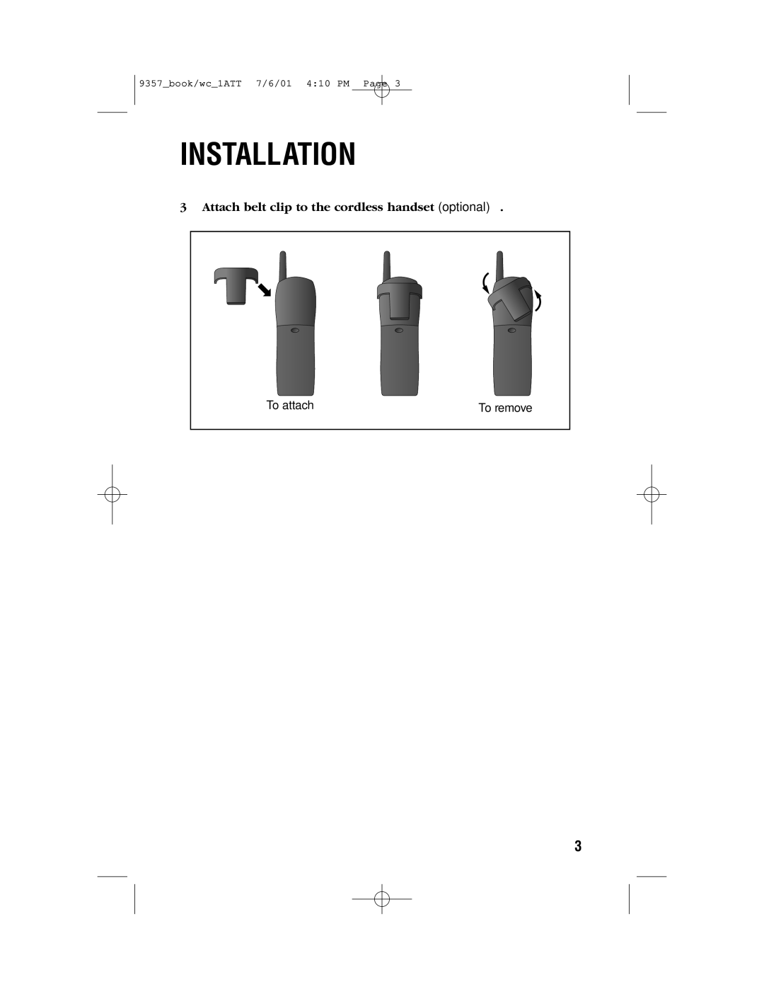 AT&T 9357 user manual Attach belt clip to the cordless handset optional 