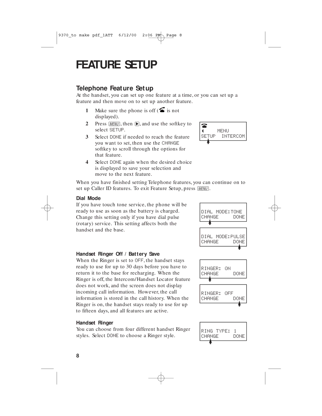 AT&T 9370 user manual Telephone Feature Setup, Dial Mode, Handset Ringer Off / Battery Save 