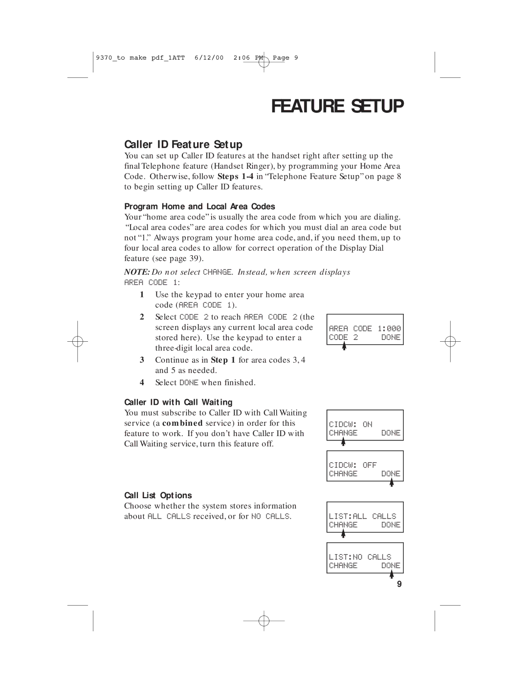 AT&T 9370 Caller ID Feature Setup, Program Home and Local Area Codes, Caller ID with Call Waiting, Call List Options 