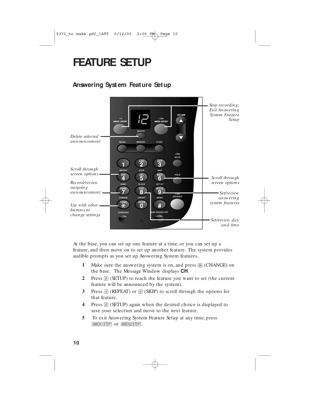 AT&T 9370 user manual Answering System Feature Setup 