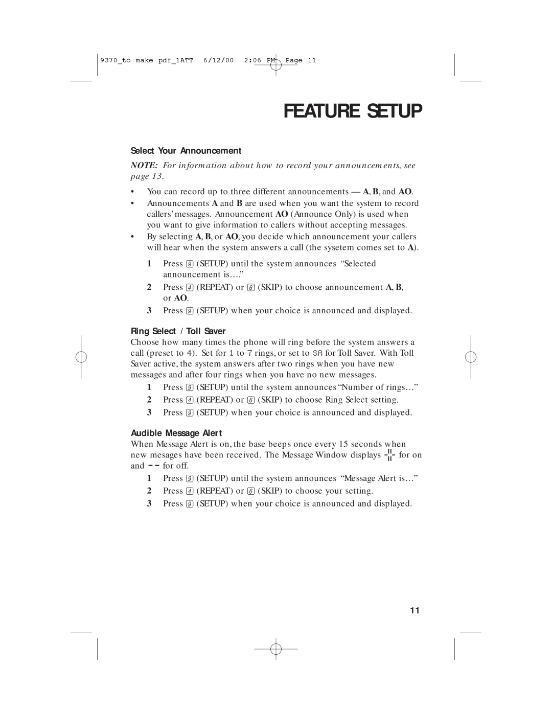 AT&T 9370 user manual Select Your Announcement, Ring Select / Toll Saver, Audible Message Alert 