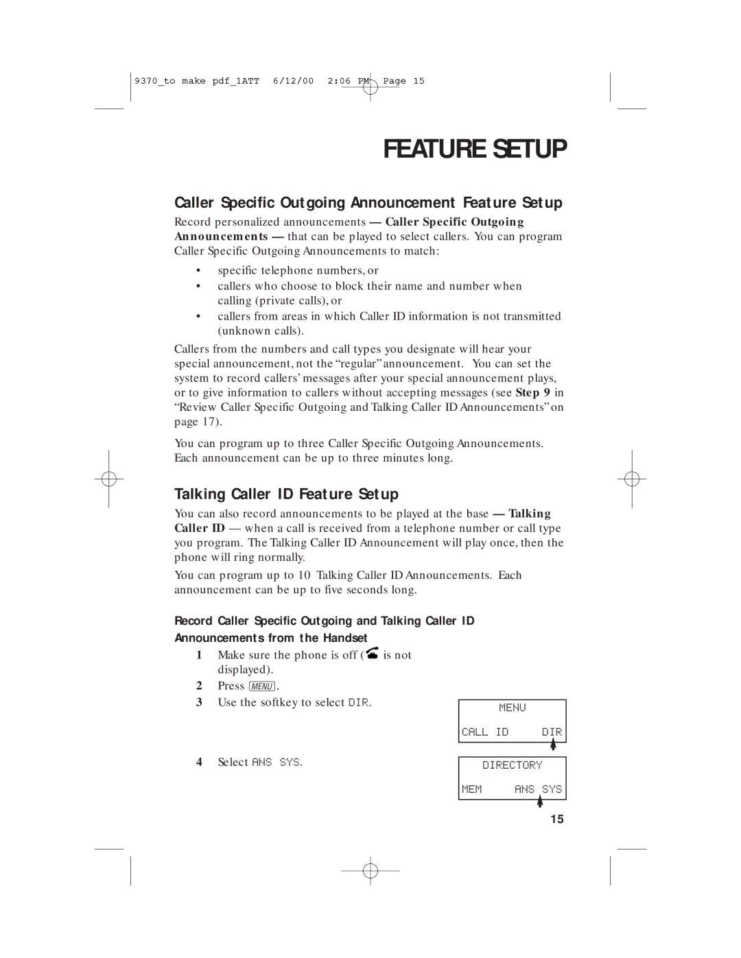 AT&T 9370 user manual Caller Specific Outgoing Announcement Feature Setup, Talking Caller ID Feature Setup 