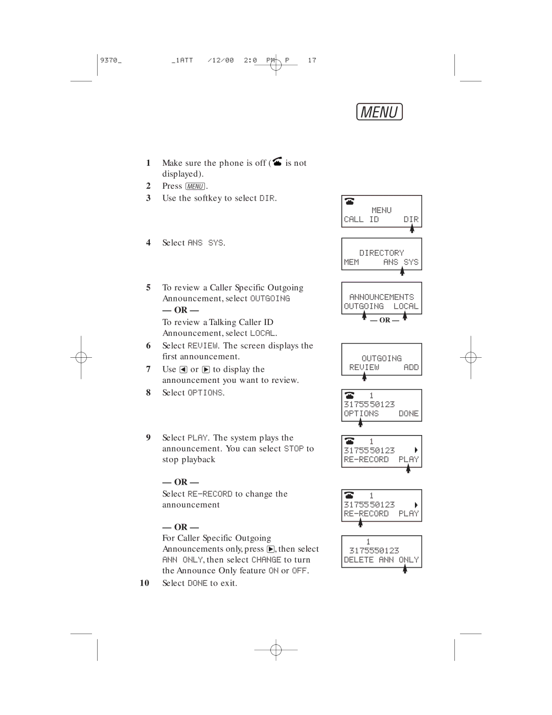 AT&T 9370 user manual Menu Call ID DIR Directory MEM ANS SYS 