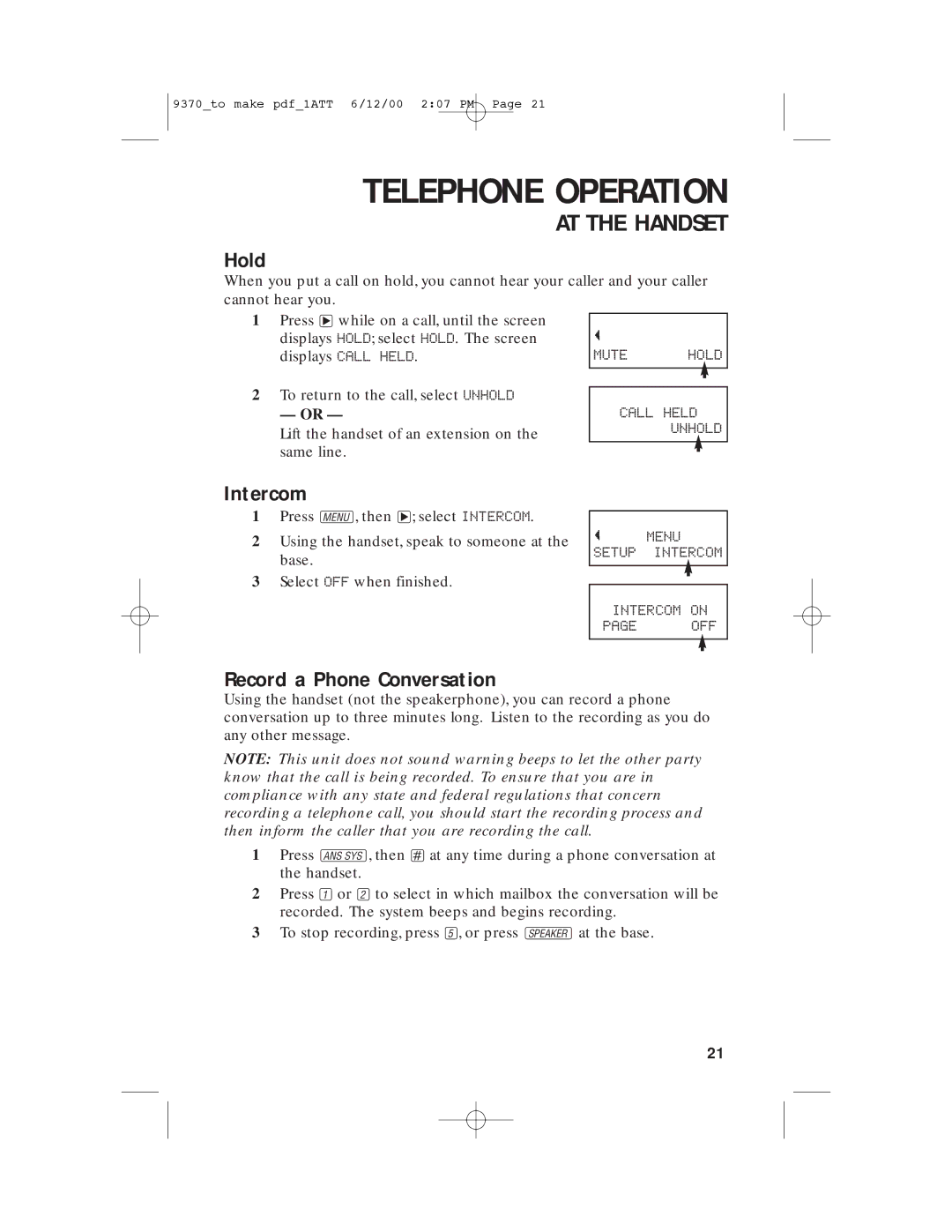 AT&T 9370 user manual Hold, Intercom, Record a Phone Conversation 