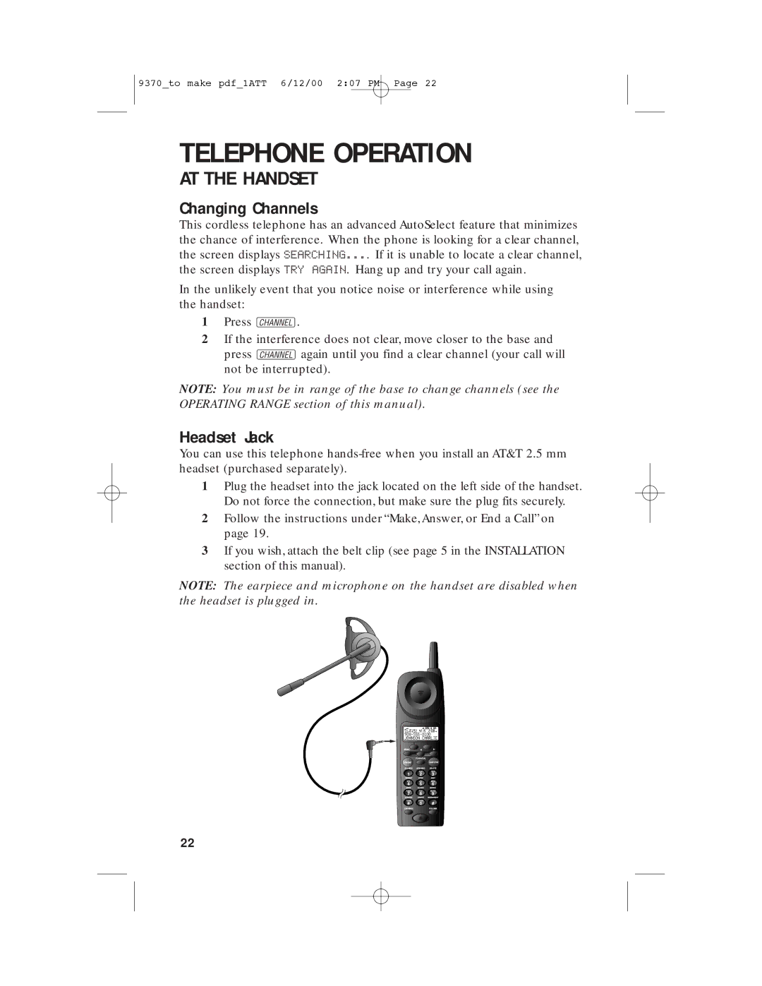 AT&T 9370 user manual Changing Channels, Headset Jack 