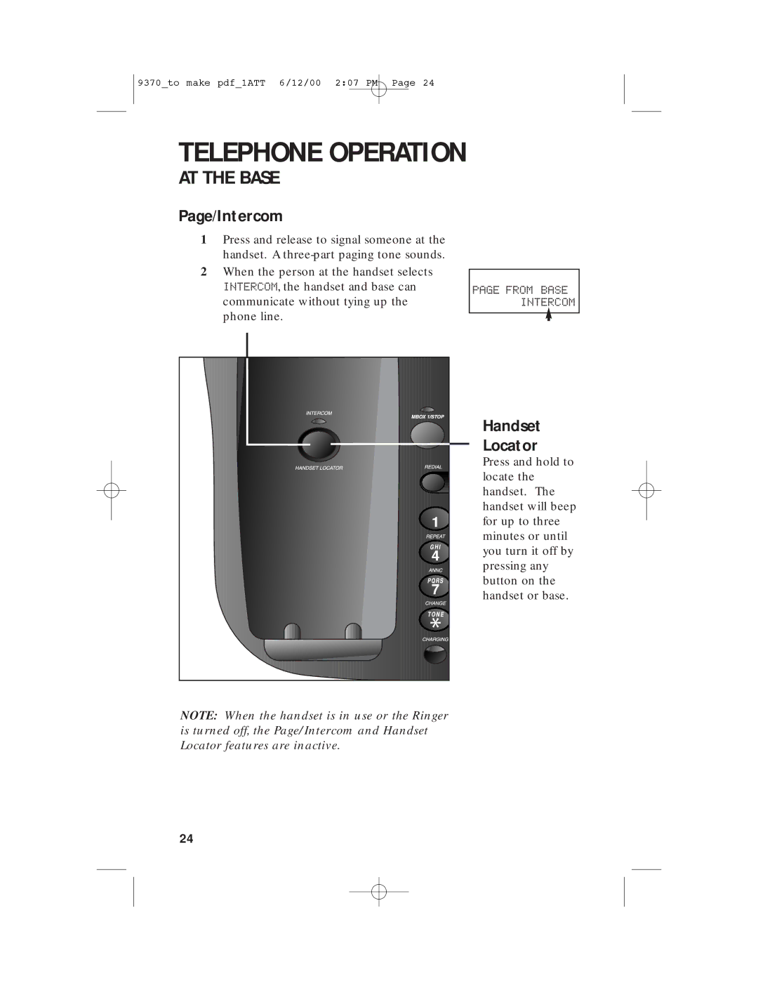 AT&T 9370 user manual Page/Intercom, Handset Locator 