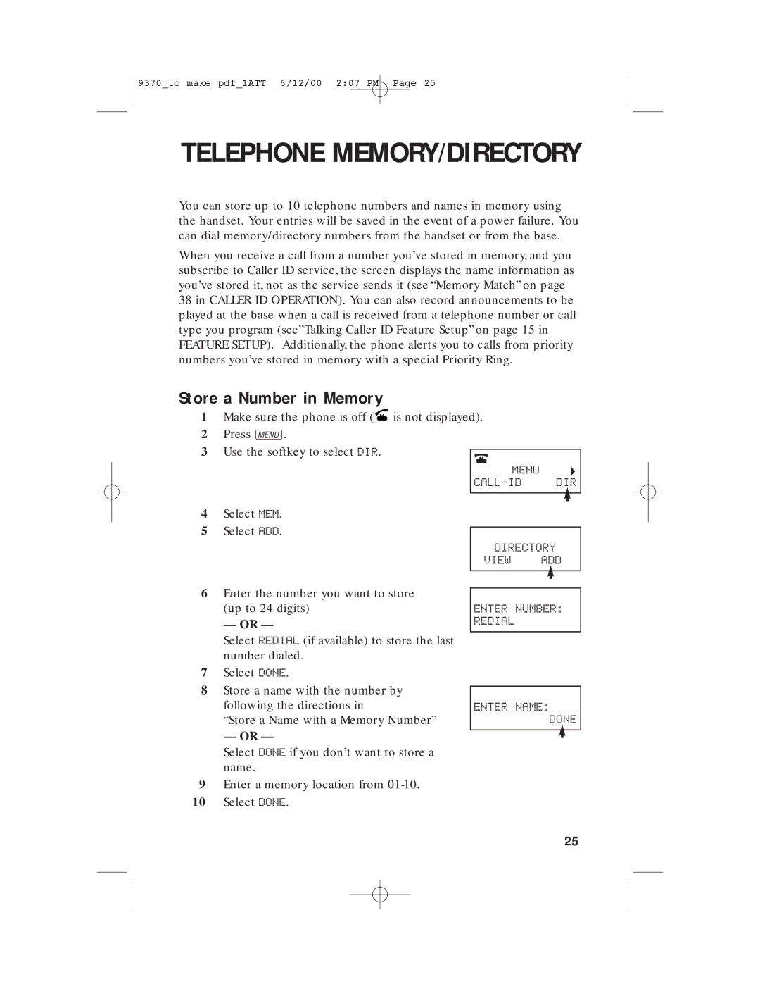 AT&T 9370 user manual Telephone MEMORY/DIRECTORY, Store a Number in Memory 