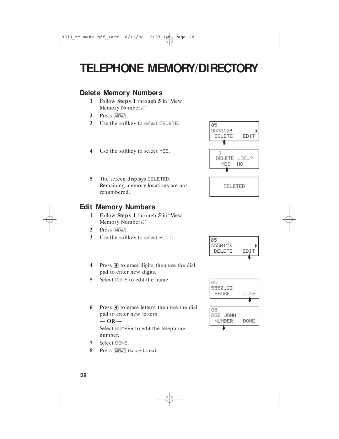 AT&T 9370 user manual Delete Memory Numbers, Edit Memory Numbers 