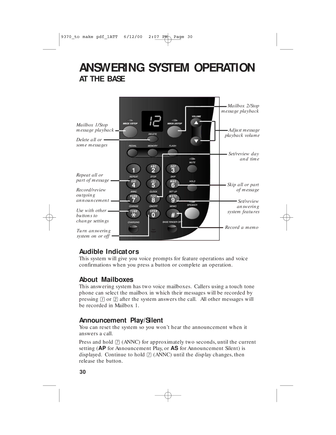 AT&T 9370 user manual Answering System Operation, Audible Indicators, About Mailboxes, Announcement Play/Silent 