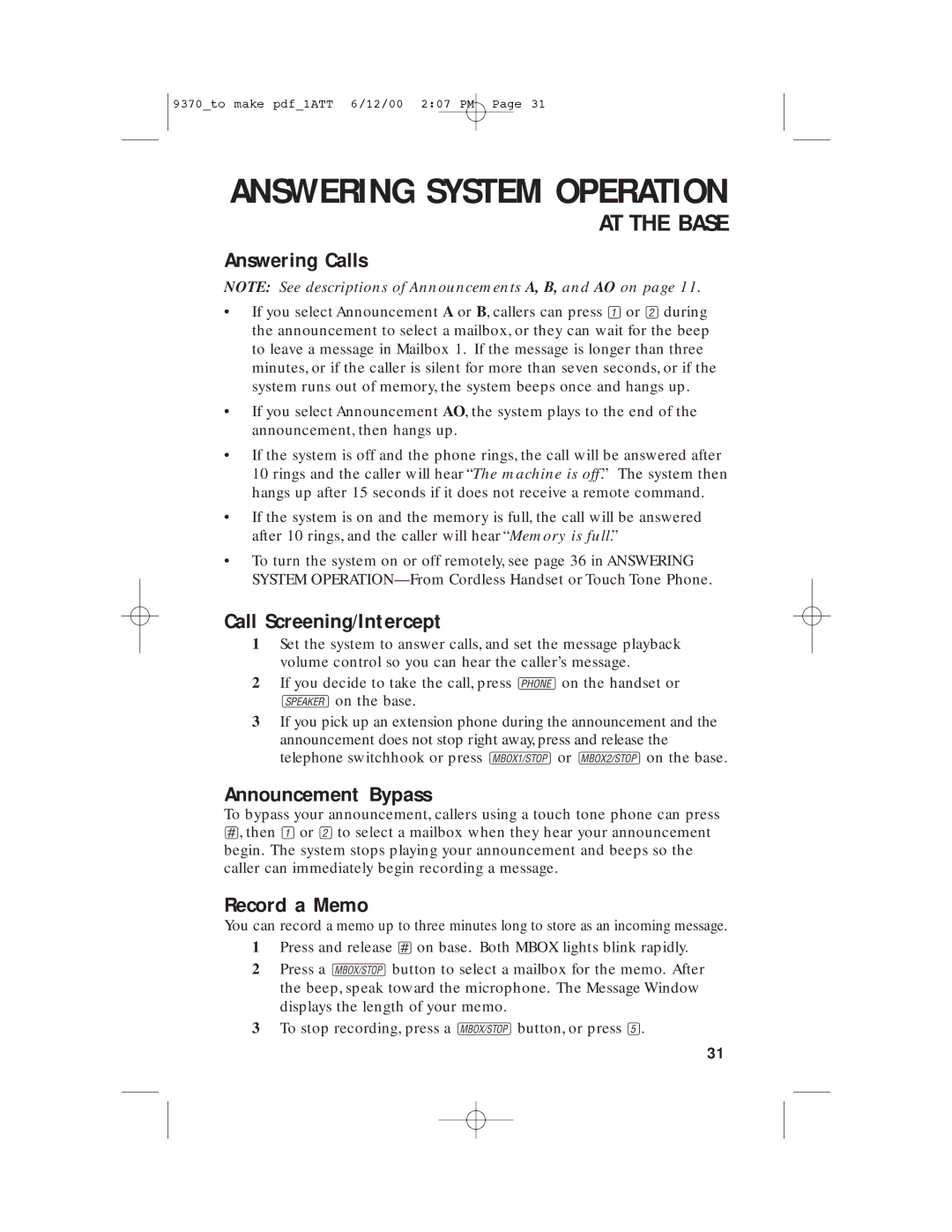 AT&T 9370 user manual Answering Calls, Call Screening/Intercept, Announcement Bypass, Record a Memo 