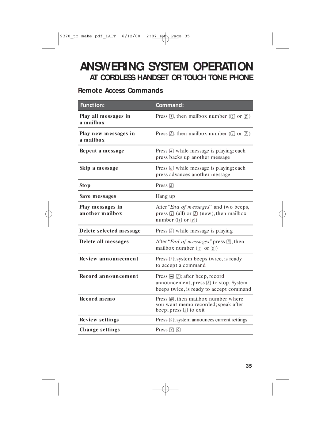 AT&T 9370 user manual Remote Access Commands, Function Command 