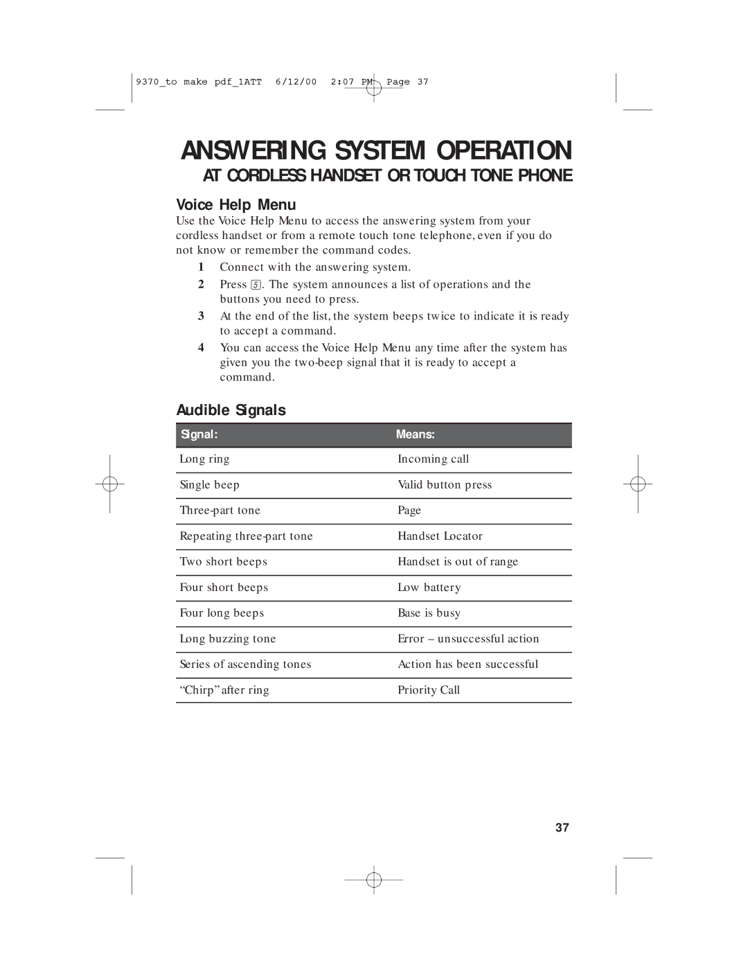 AT&T 9370 user manual Voice Help Menu, Audible Signals 