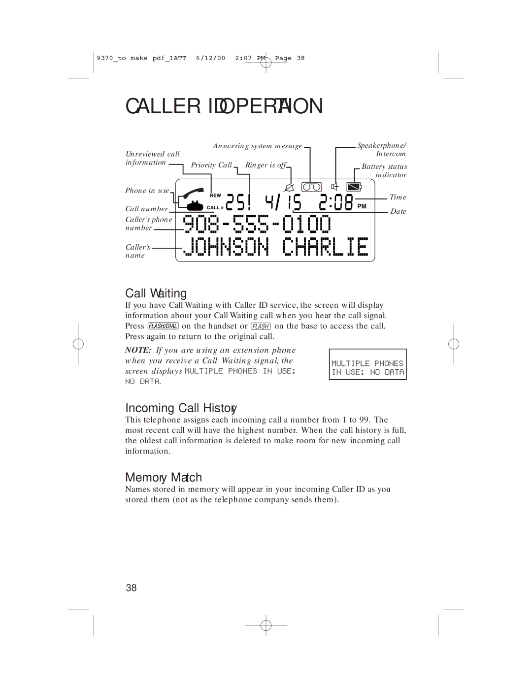 AT&T 9370 user manual Call Waiting, Incoming Call History, Memory Match 