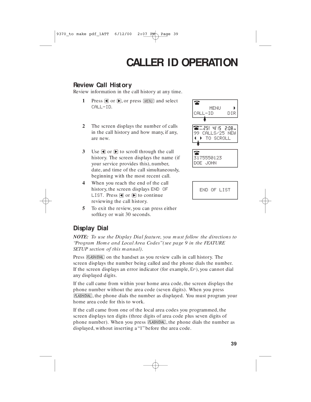 AT&T 9370 user manual Caller ID Operation, Review Call History, Display Dial 