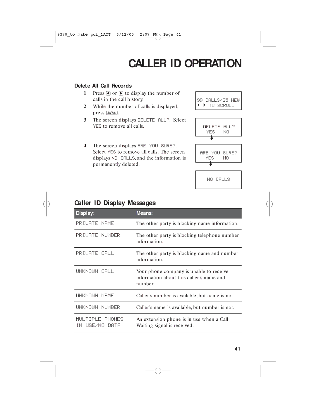 AT&T 9370 user manual Caller ID Display Messages, Delete All Call Records 