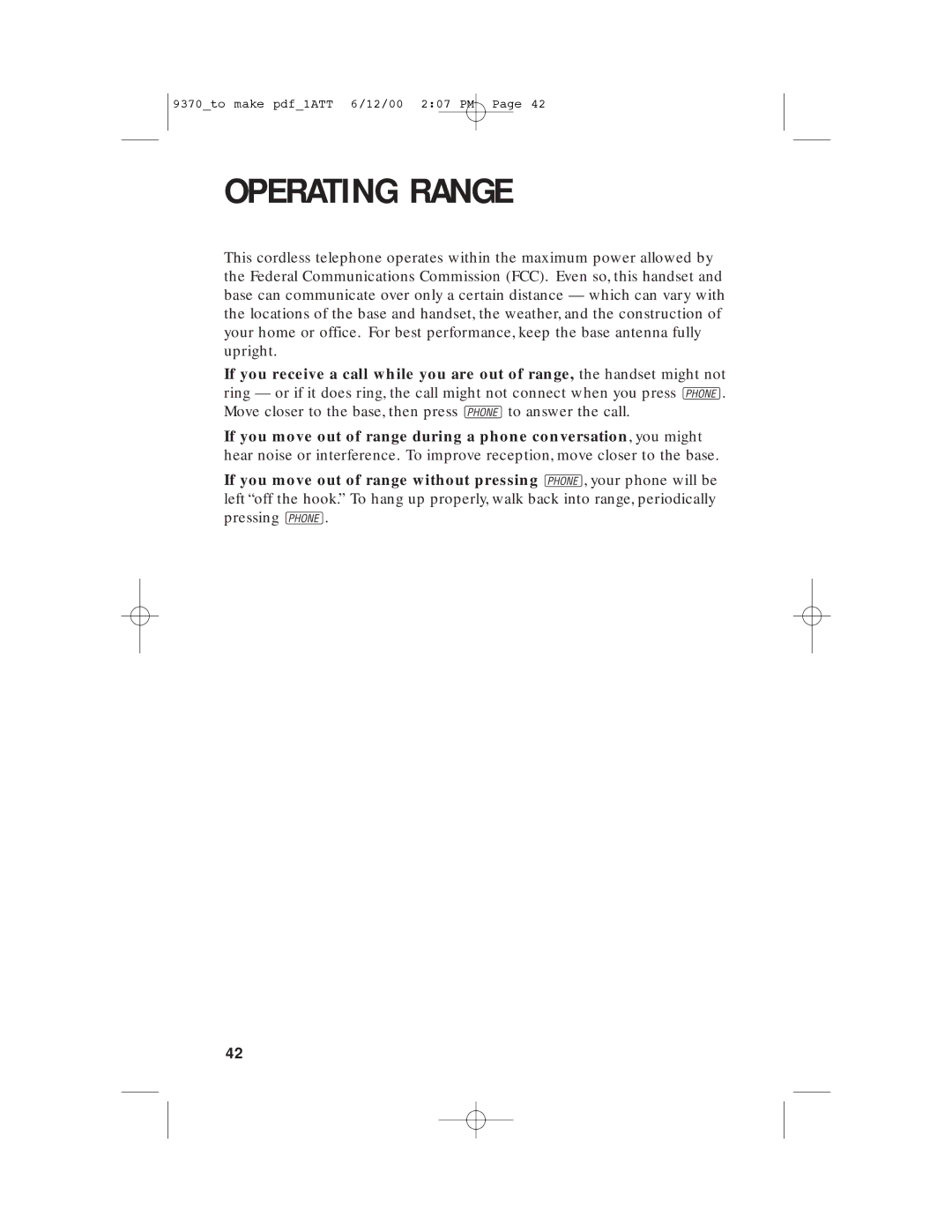 AT&T 9370 user manual Operating Range 