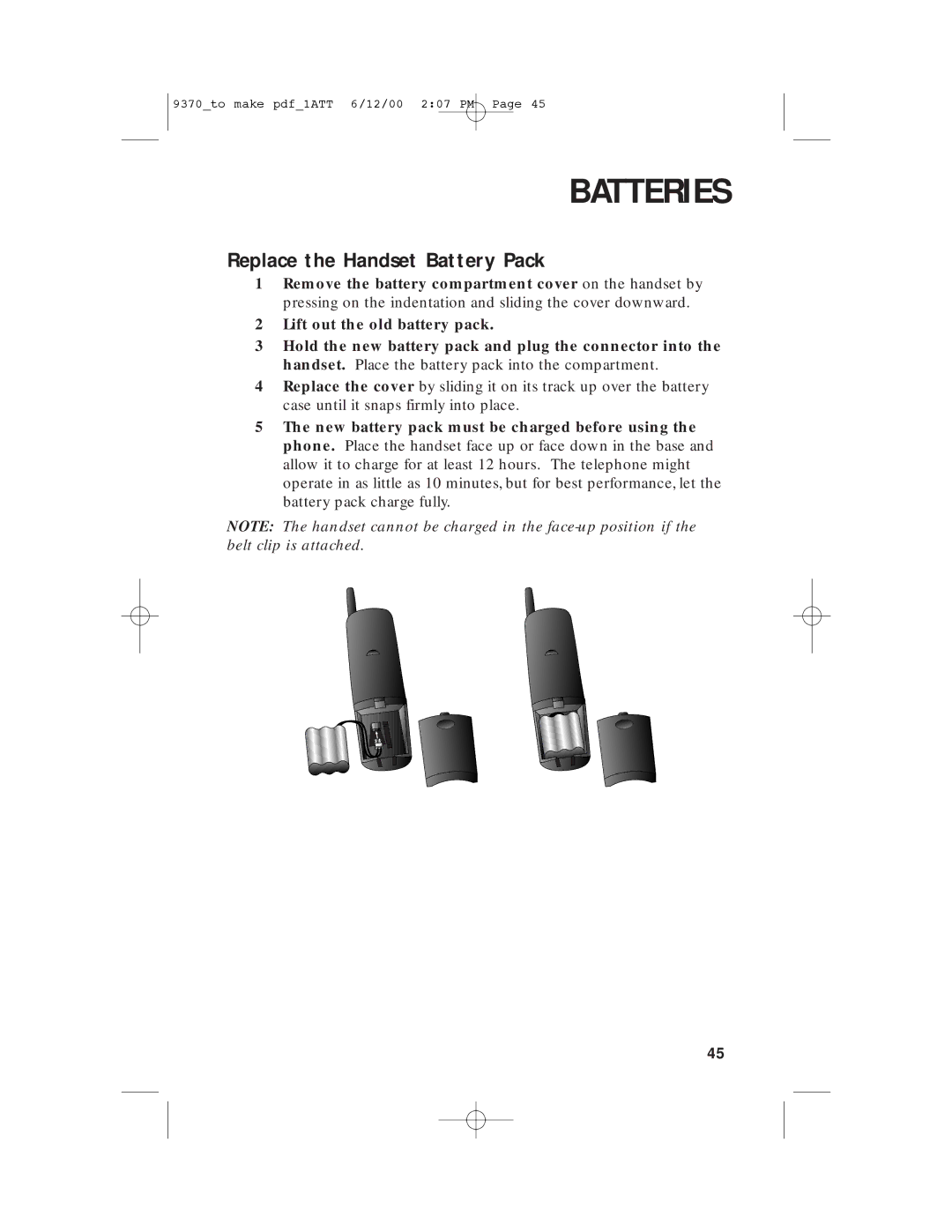 AT&T 9370 user manual Replace the Handset Battery Pack 