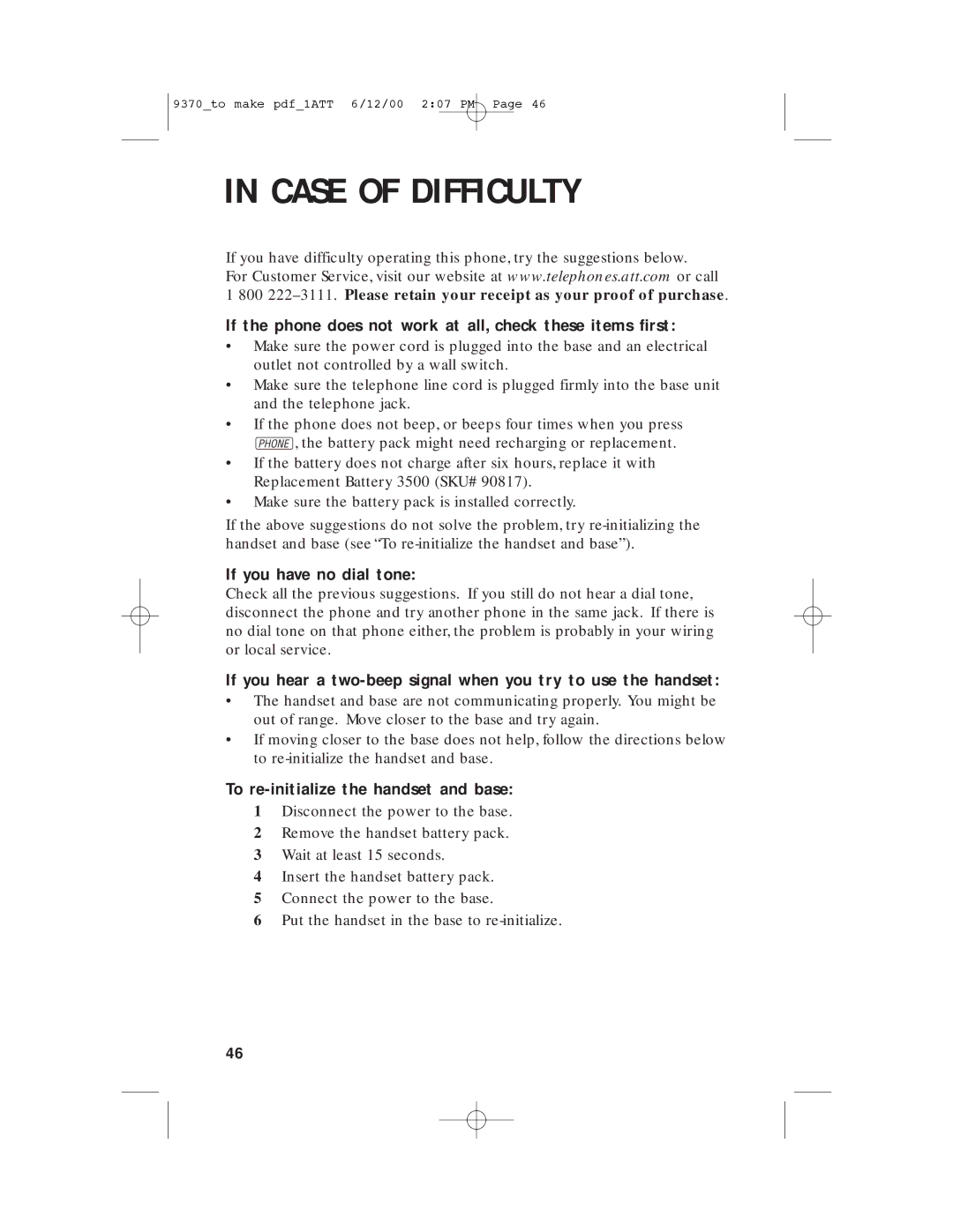 AT&T 9370 Case of Difficulty, If the phone does not work at all, check these items first, If you have no dial tone 