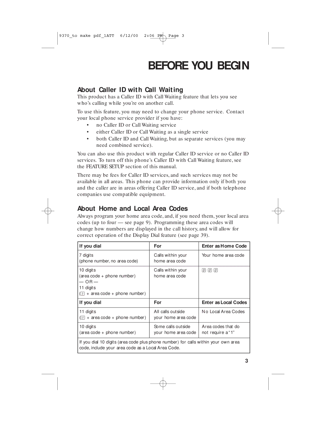 AT&T 9370 user manual Before YOU Begin, About Caller ID with Call Waiting, About Home and Local Area Codes 