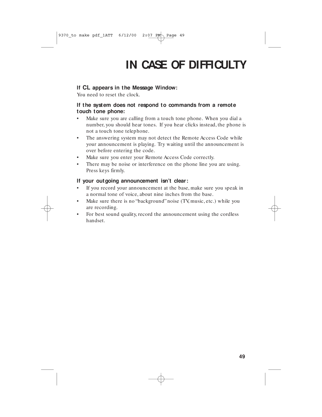 AT&T 9370 user manual If CL appears in the Message Window, If your outgoing announcement isn’t clear 