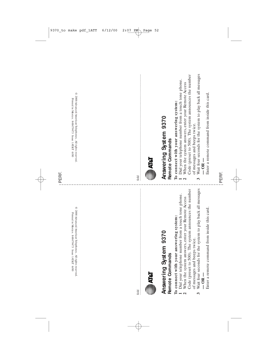 AT&T 9370 user manual Answering System, Remote Commands 