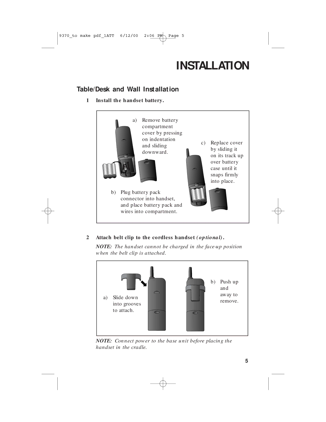 AT&T 9370 user manual Table/Desk and Wall Installation, Install the handset battery 