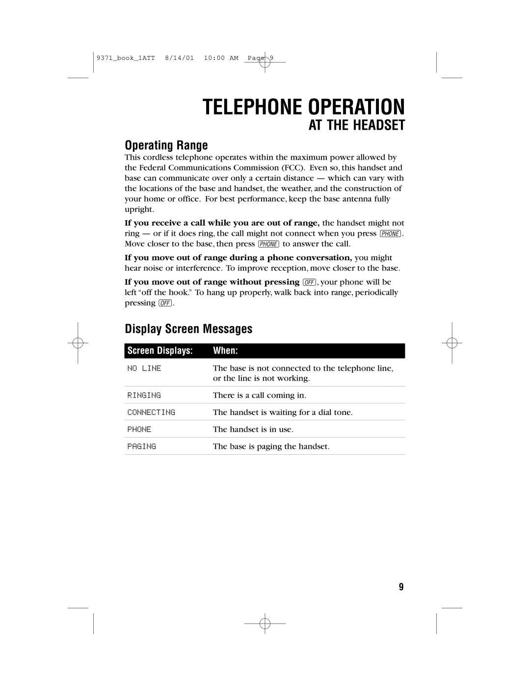 AT&T 9371 user manual Operating Range, Display Screen Messages 