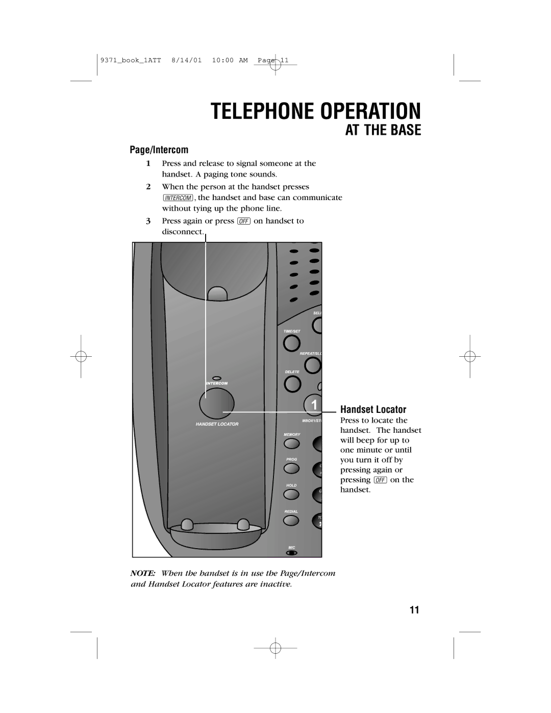 AT&T 9371 user manual Page/Intercom, Handset Locator 