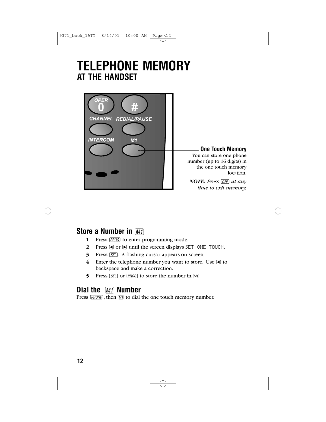 AT&T 9371 user manual Telephone Memory, Store a Number in m, Dial the mNumber, One Touch Memory 