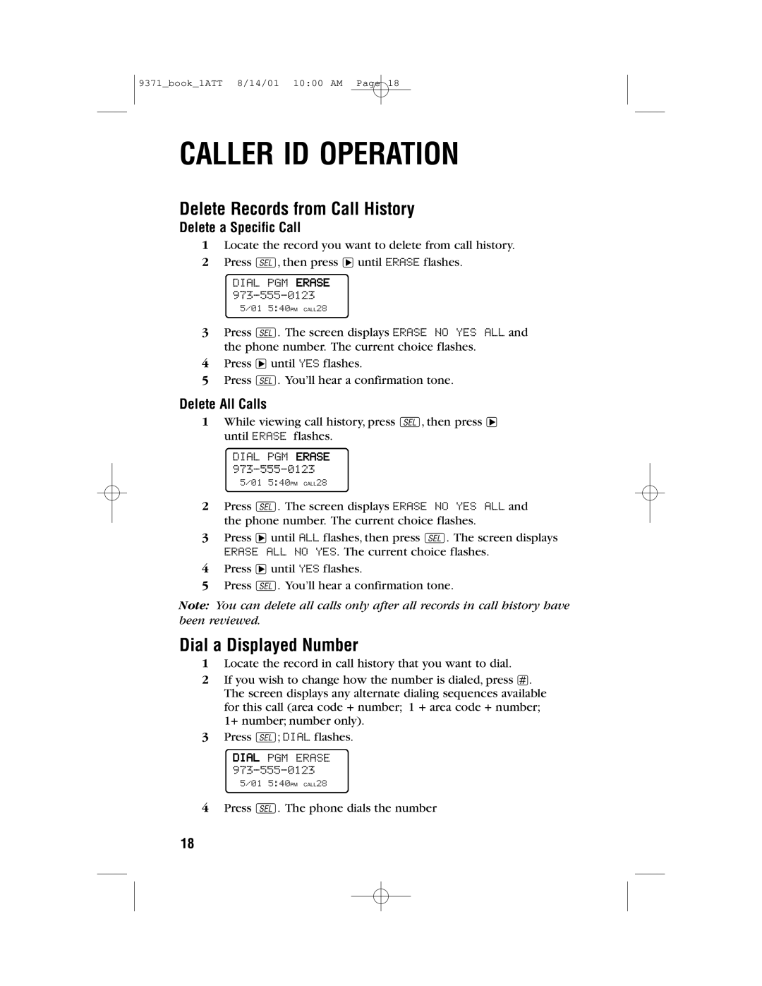 AT&T 9371 user manual Delete Records from Call History, Dial a Displayed Number, Delete a Specific Call, Delete All Calls 