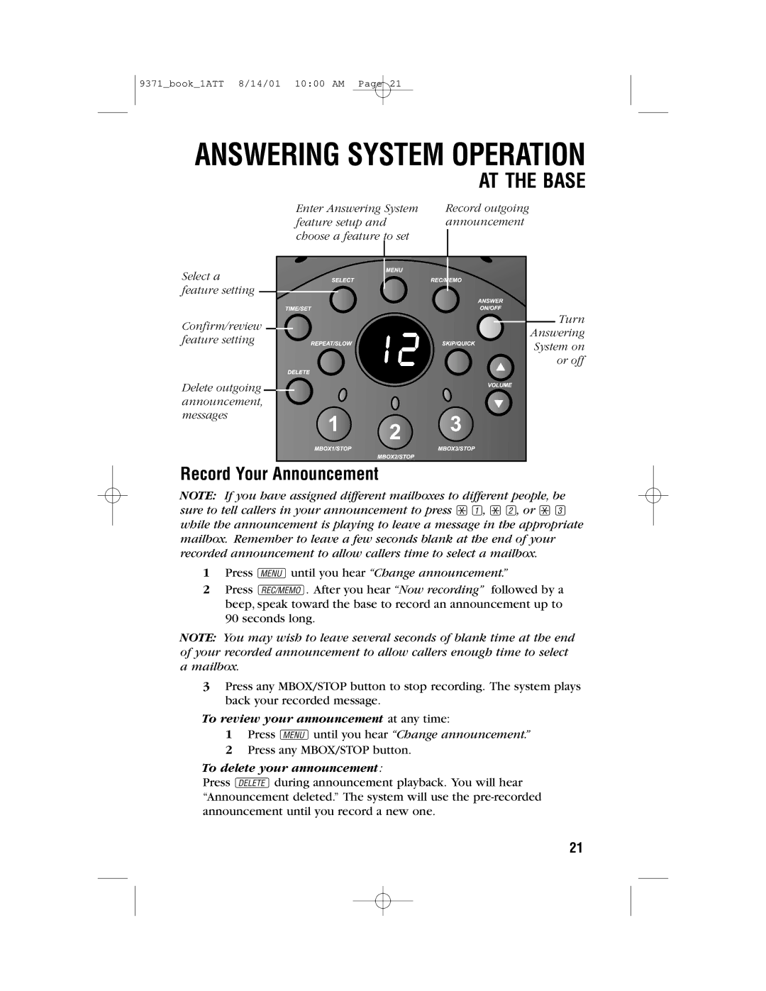 AT&T 9371 user manual Record Your Announcement, AT the Base 