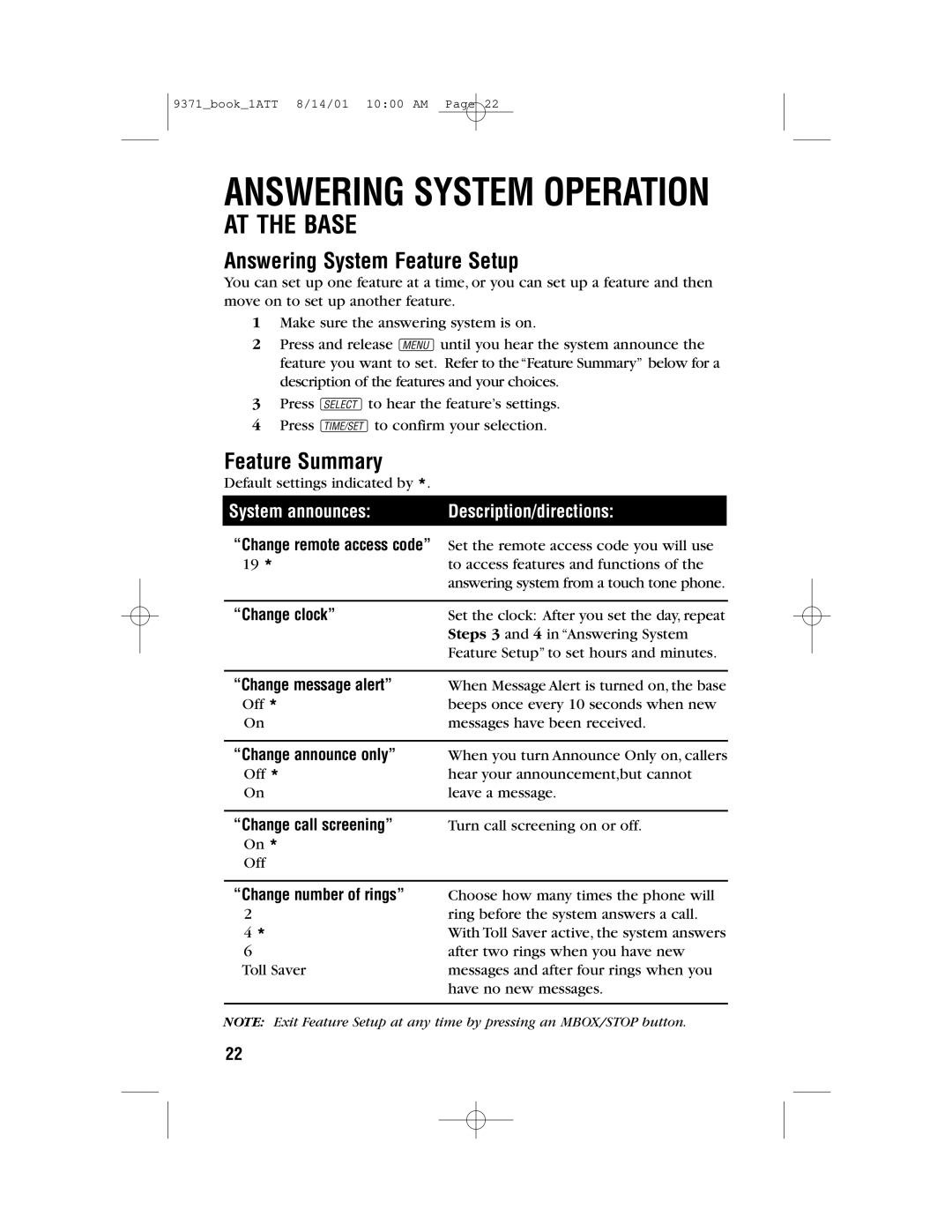 AT&T 9371 user manual Answering System Feature Setup, Feature Summary 