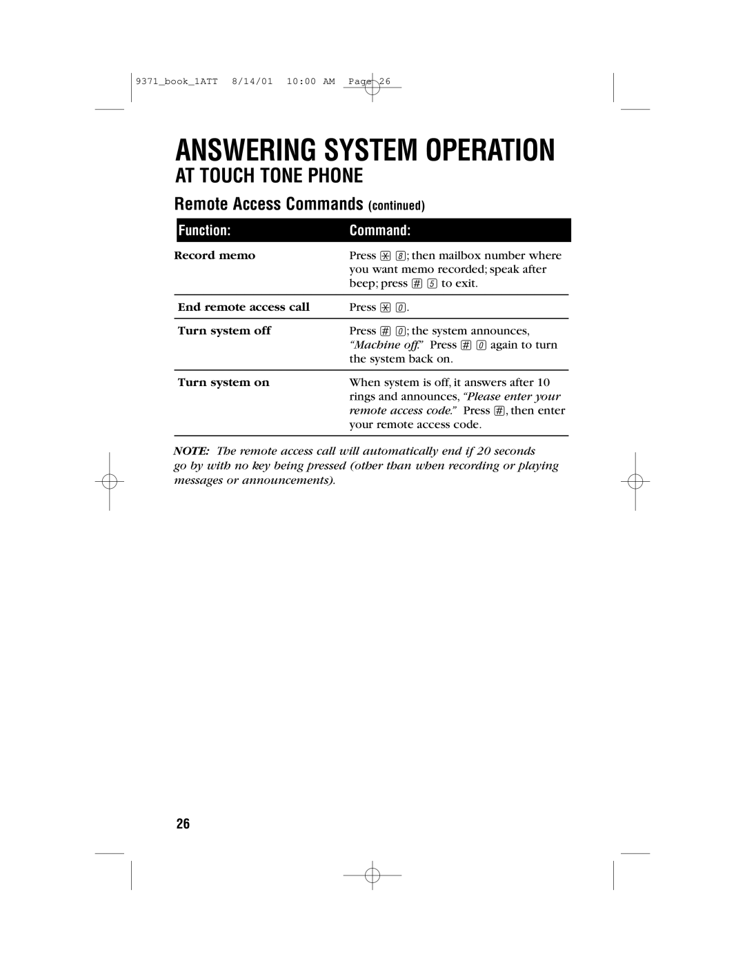 AT&T 9371 user manual Record memo, End remote access call, Turn system off, Turn system on 