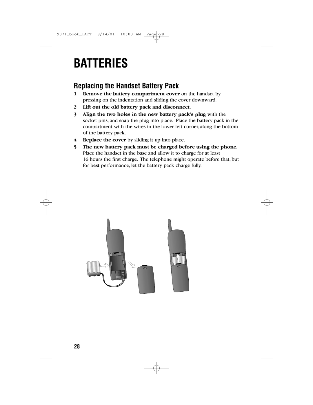 AT&T 9371 user manual Replacing the Handset Battery Pack 