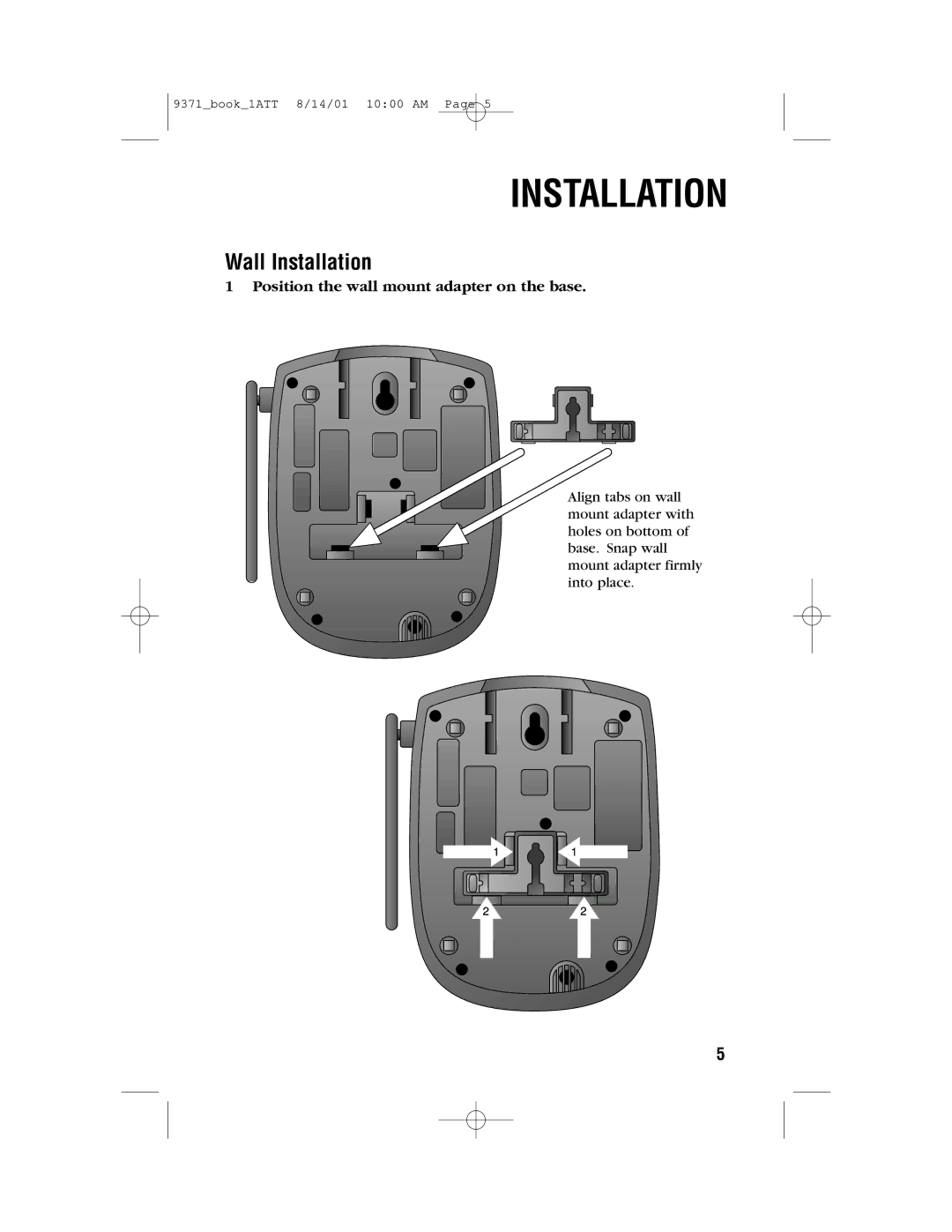 AT&T 9371 user manual Wall Installation, Position the wall mount adapter on the base 